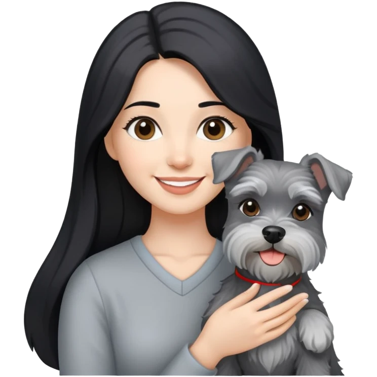 A smilling woman with long black hair holding a light gray Schnauzer emoji