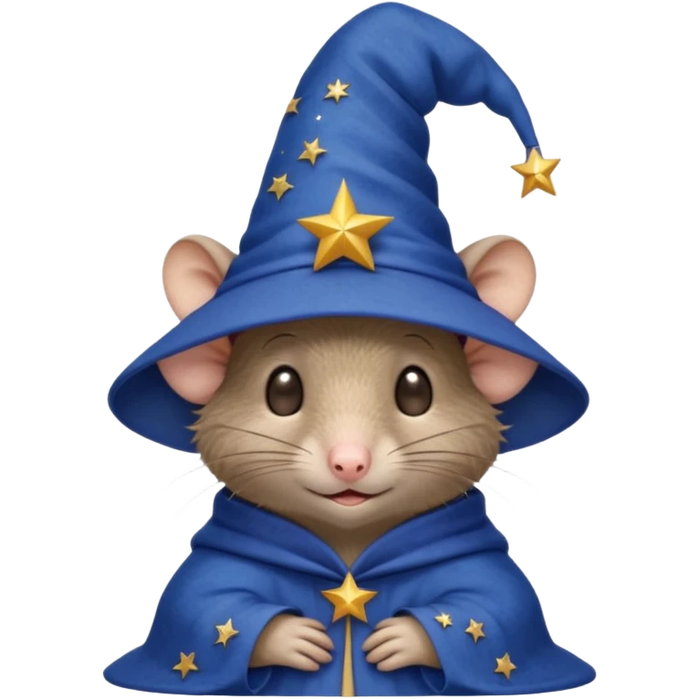 timid house mouse with muted brown fur, large outward tilted ears, beady eyes looking uncertain, wearing huge deep blue wizard hat with stitched stars and crescent moon, floppy uneven brim, drooping at top, front paws flat, tail straight out behind, awkward outfit, emoji style emoji