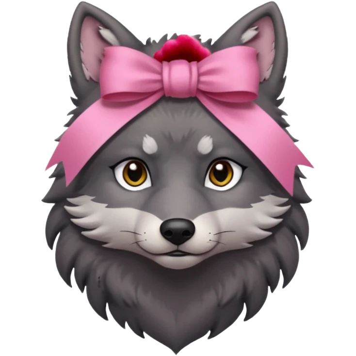 sad 🥺 cute dark grey wolf with a pink ribbon ion his head emoji