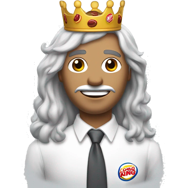 a man in a white button up shirt with long gray hair and a burger king crown white skin emoji