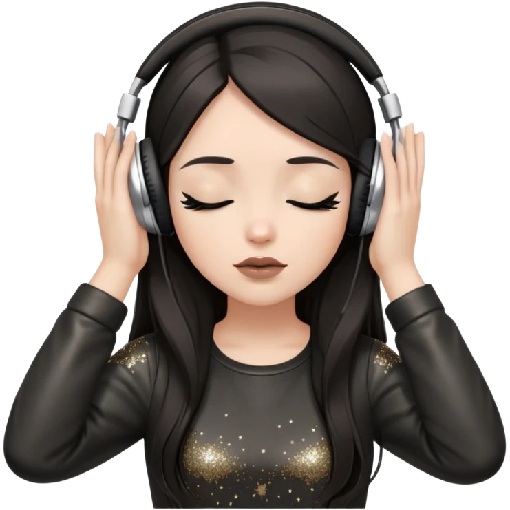 Girl with long dark hair, fair skin tone, wearing a black leather top, has glitter on her eyelids, and taupe lipstick, wearing white headphones, her hands are on her ears, and her eyes are slightly close emoji