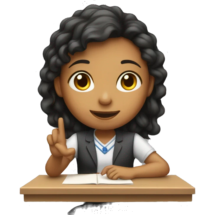 girl is sitting at school desk, hand is raised emoji