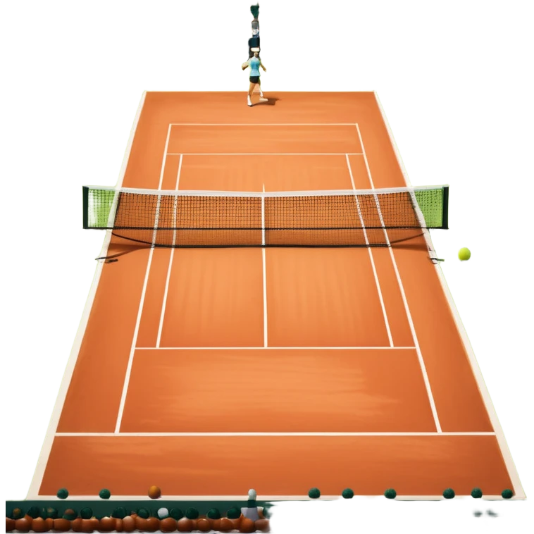 A tennis court at the Roland Garros tournament, with the iconic clay surface and a tennis ball bouncing near the net. The scene evokes the energy and excitement of the grand event, with vibrant crowds in the stands and a competitive atmosphere. emoji