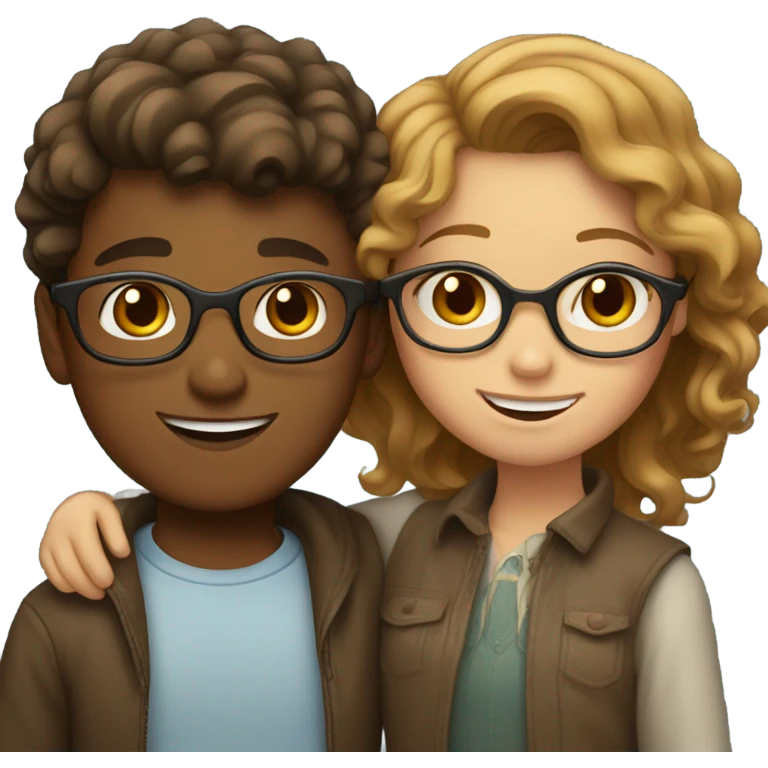 light brown haired boy with glasses and brown haired girl with wavy hair hugging emoji