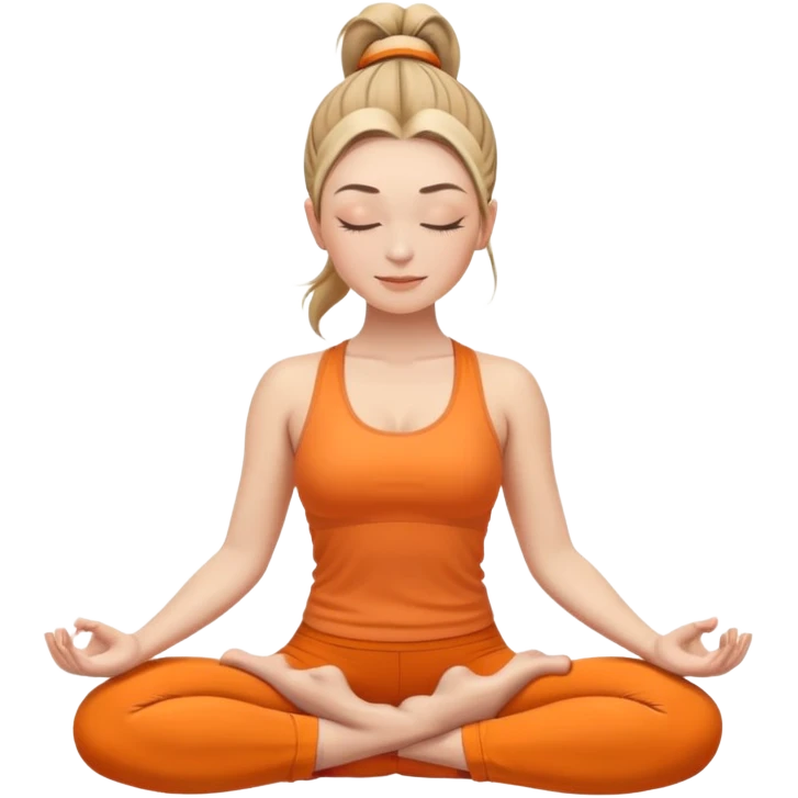 white woman with ponytail hairstyle in lotus position meditation yoga pose, closed eyes, relaxed face, wearing orange yoga outfit emoji
