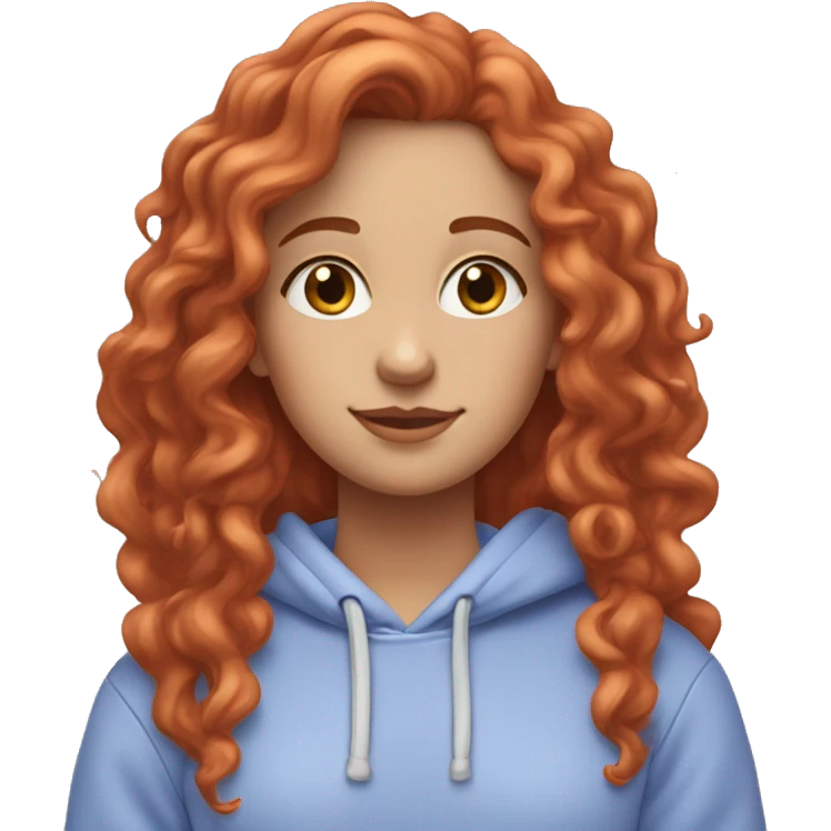a white girl with long red curly hair, wearing a pastel periwinkle hoodie doing a pose emoji