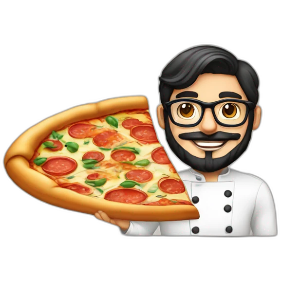 Dark haired 30 years old chef with beard and big glasses proudly holding a pizza emoji