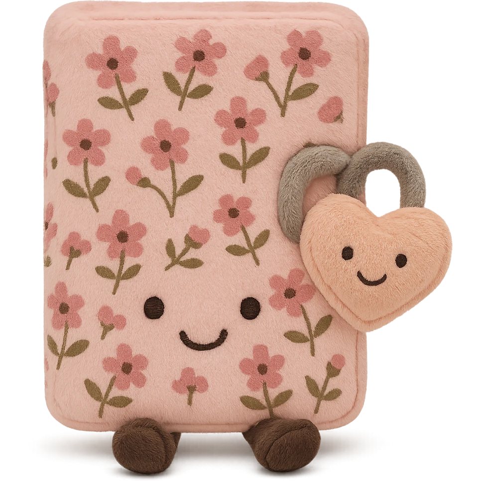 Pink Floral journal with a heart-shaped lock as a kawaii plushie, jellycat style  emoji