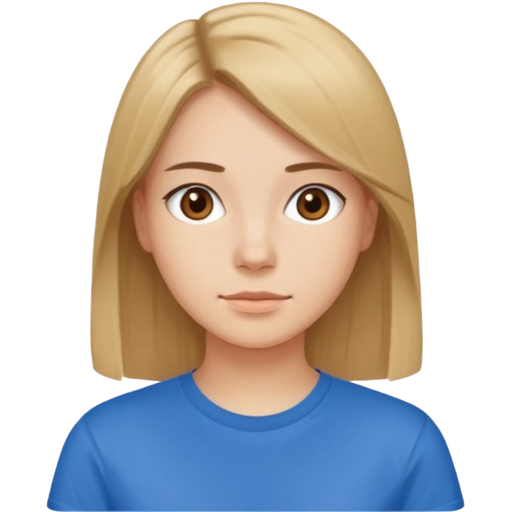 young brawn-eyed woman with straight hair with a blue t-shirt with  emoji