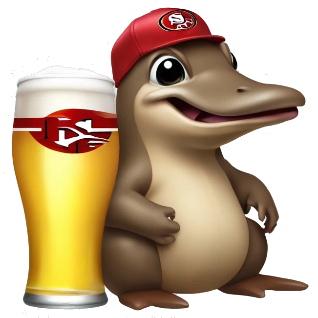 platypus in a 49ers cap holding a white beer can that says “happy dad” emoji