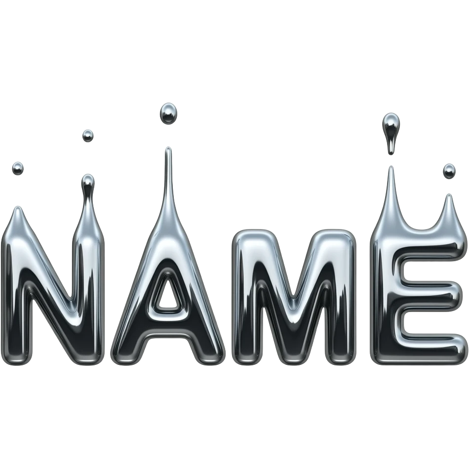 A hyper-realistic text 'NAME' made of flowing, high-polish liquid chrome. Distorted reflections of a dark urban cityscape, sharp contrast, 8k resolution, 'Terminator' style aesthetic, clean and aggressive emoji