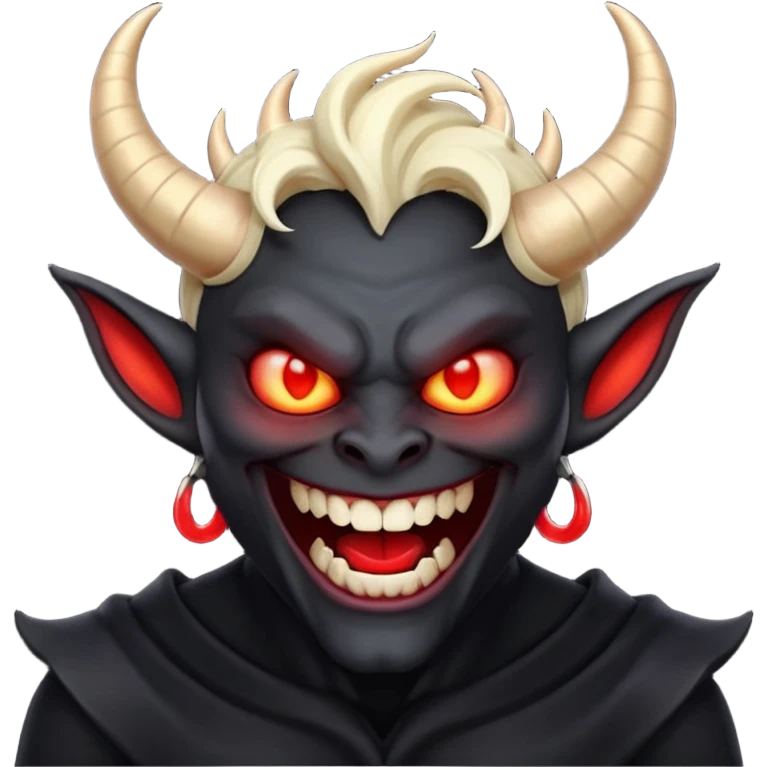 “Scary demon emoji, evil human-like laugh, black clothes, big curved horns, glowing red eyes, upper body visible till chest, dark mood, high detail, emoji style, clean background” emoji