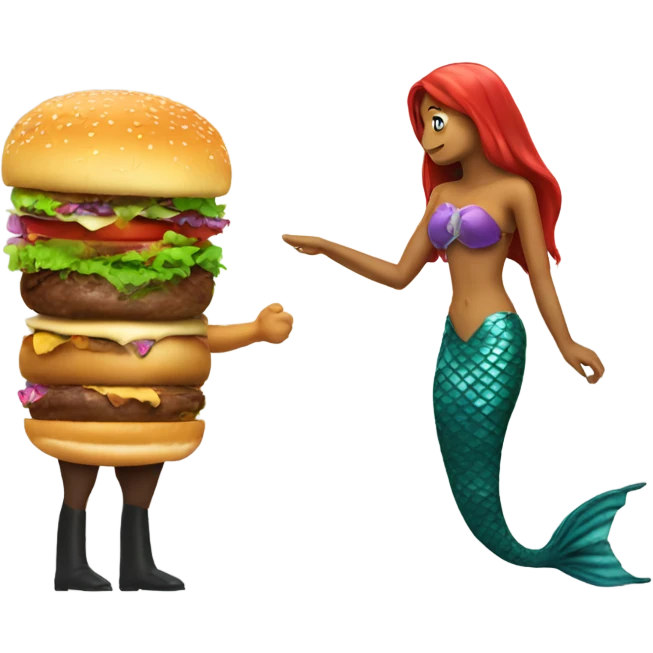 Horse burger shaking hands with mermaid with no eyes emoji