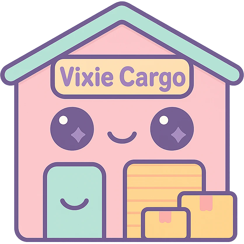 Add the Vixie Cargo company logo to the front of the parcel warehouse building emoji in kawaii style, with no background. emoji