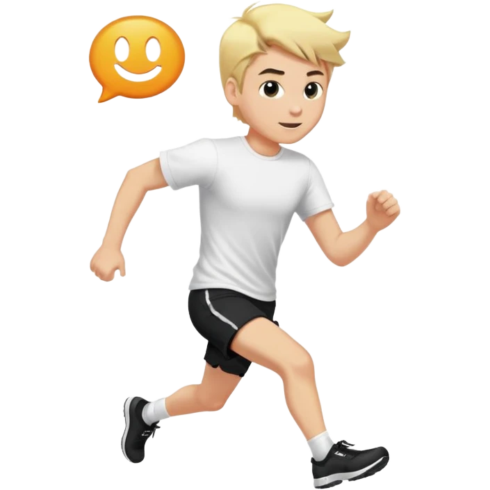 A man with blond hair in black shorts and a white T-shirt is running. Above his head is the Giga Chat logo. emoji