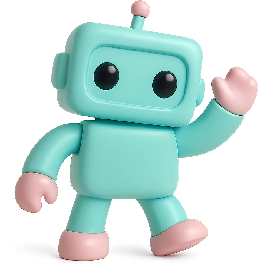 robot with boxy body and round eyes, vinyl figure style, shiny surface, playful pose, simple background emoji