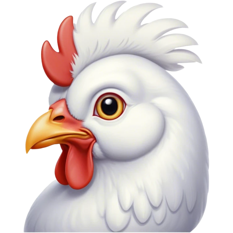 Cinematic Noble White Chicken Portrait Emoji, Poised and regal, with a compact, sturdy build and a pristine, well-groomed pure white plumage, deep-set soulful beady eyes, Simplified yet sharp and sophisticated features, highly detailed, glowing with a soft, dignified glow, high shine, intelligent and alert, stylized with an air of barnyard elegance, focused and attentive, soft glowing outline, capturing the essence of a watchful and confident fowl, so majestic it feels as though it could strut out of the screen with effortless authority! emoji