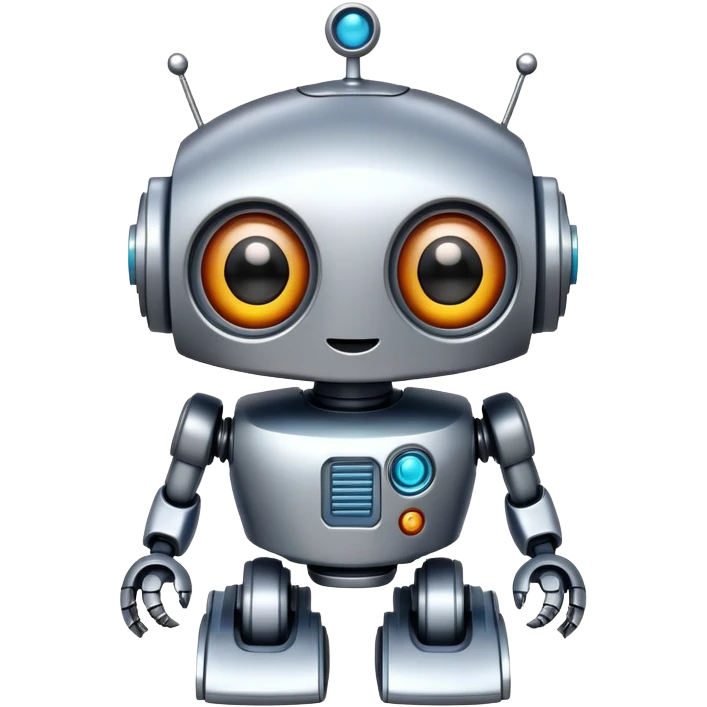 A toy robot with big eyes and a happy expression emoji