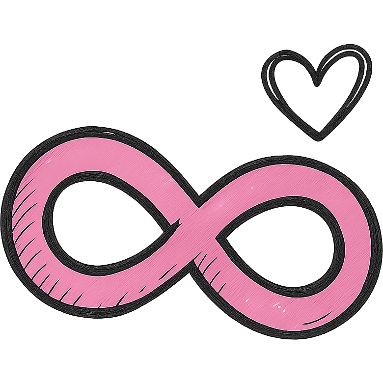 hand-drawn style pink infinity symbol with clear bold outlines, stylized shadows and highlights, with a simple heart shape next to the infinity symbol emoji