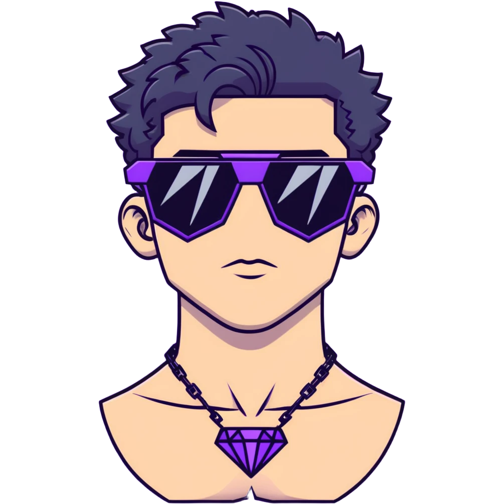 shirtless male athlete with white skin and moderately curly black hair on top with shaved sides, wearing sharp angular geometric purple sunglasses with very dark heavily tinted black lenses, and a simple plain black chain necklace, no earrings emoji