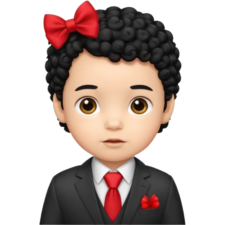 baby boy curly black hair in suit, with red bow emoji