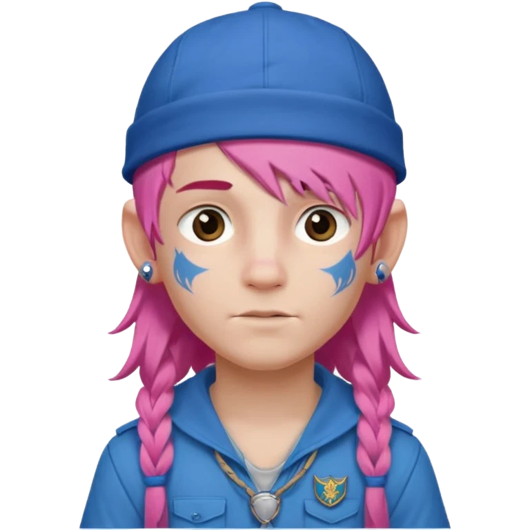 scout boy long hair face tatooes pink haired, wearing blue cap emoji