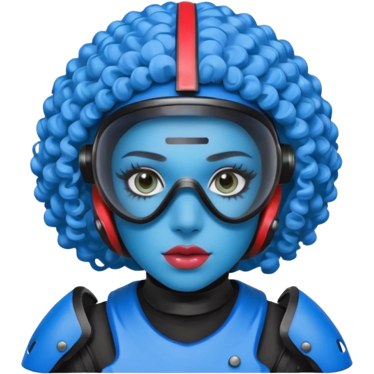 blue curly girl with huge earringswearing paintball with red paintball helmet with eye protection, only face  emoji