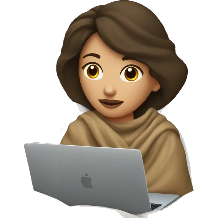 Brunette girl tucked in a blanket lying on the bed looking at the computer laptop apple emoji