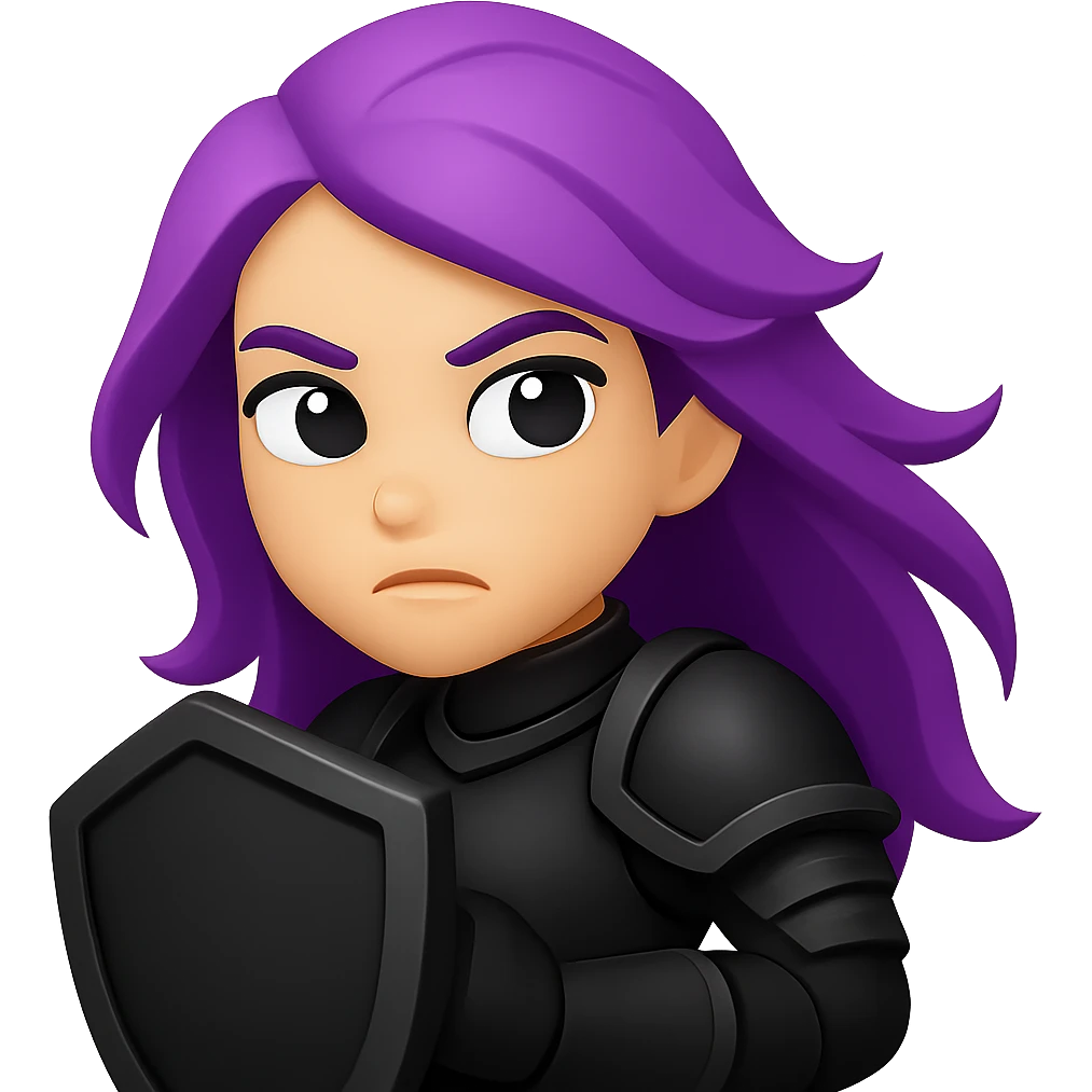 Create an emoji style image of a mysterious warrior girl with flowing purple hair and black armor holding a shield and looking determined. Keep the style and colors consistent with the reference image. No background. emoji