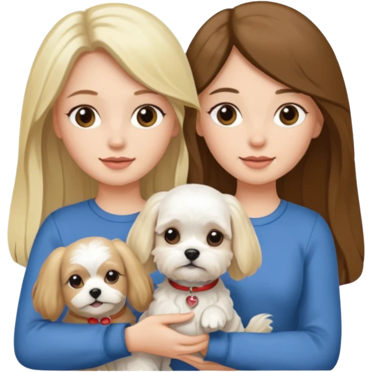 two women are holding only one Maltese dog. one woman is brunette the other woman is blonde long haired  emoji