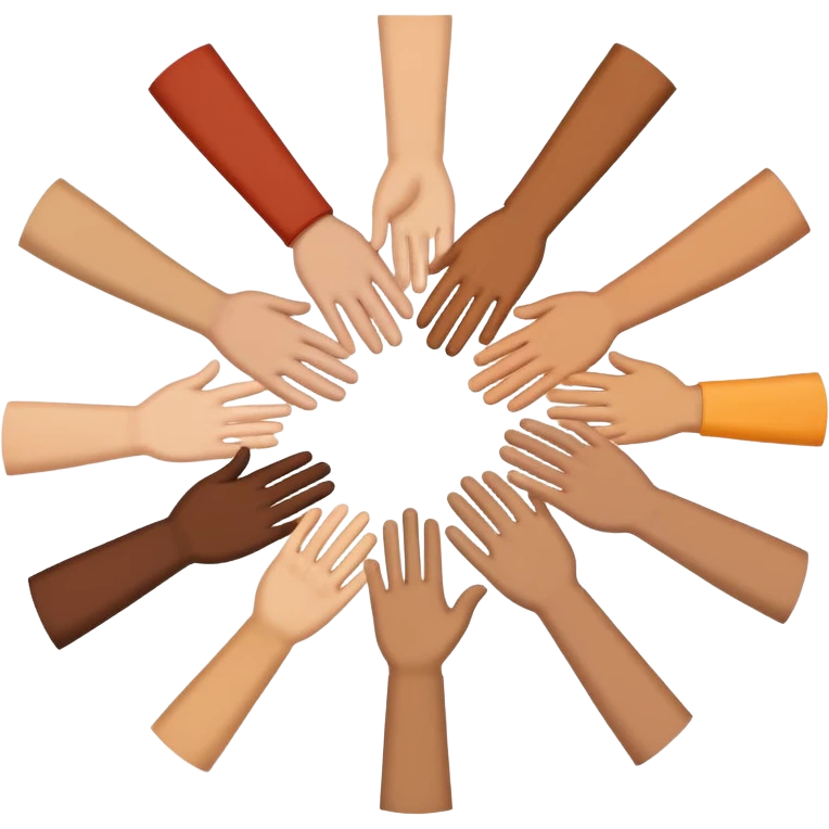 Emoji-style icon showing several diverse hands forming a circle or high-five together, symbolizing unity and team spirit. Flat minimal Apple-style emoji, bright colors, white background, soft shadows. emoji