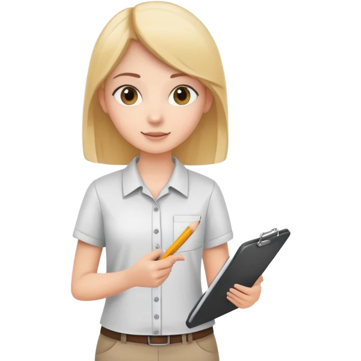 intern or volunteer holding a clipboard and pencil, ready to take notes or assist. The character wears a simple shirt and has an eager posture emoji