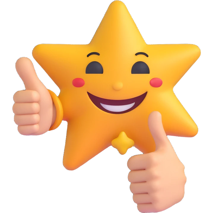 star shape with a smiling face, winking eyes, right hand making a welcoming gesture, left hand giving a thumbs up emoji