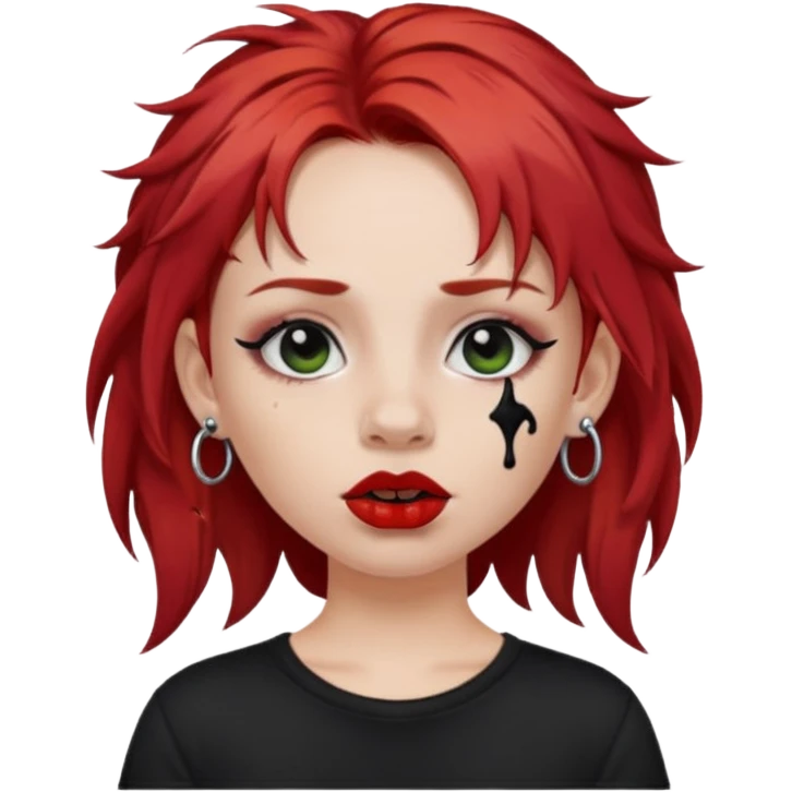 apple style emoji of a fair-skinned girl, messy red hair, black t-shirt, black lipstick, septum piercing, multiple ear piercings emoji