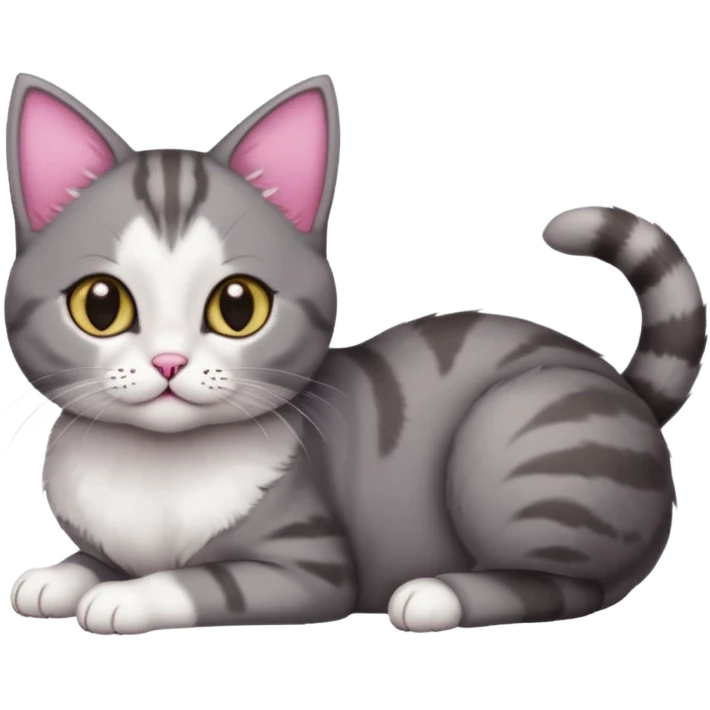 full body tiny short hair dark grey and white cat with hazel eyes lying down emoji