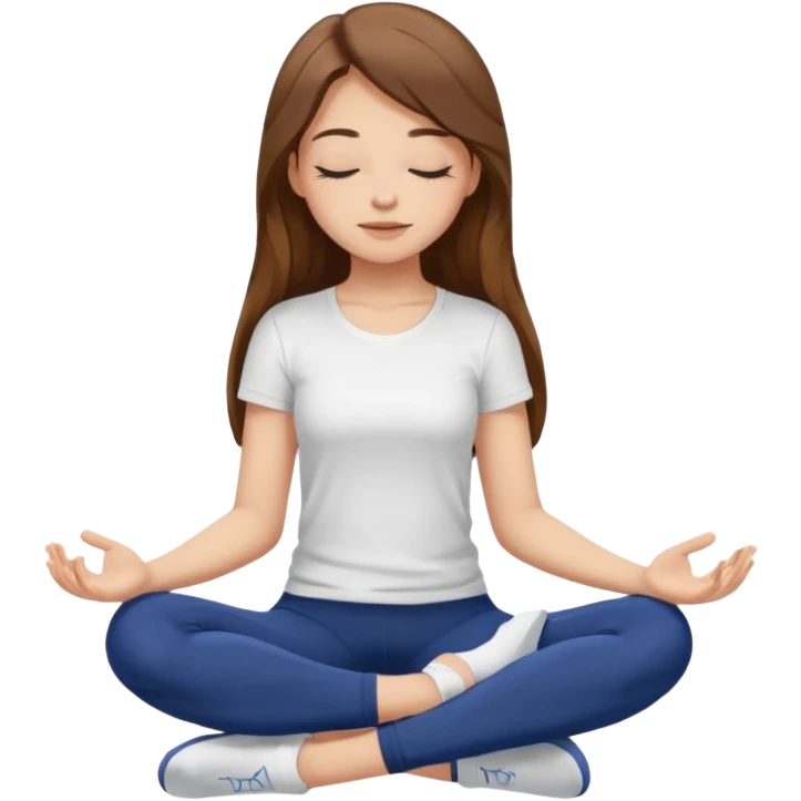 Brown long haired white girl with closed eyes in dark blue leggings and a white t-shirt sits on the splits emoji