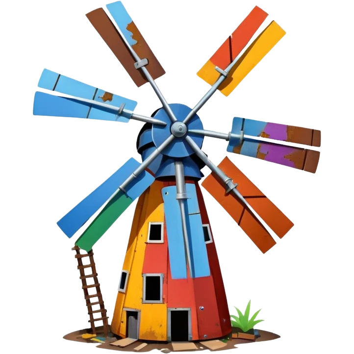 fun and inventive windmill assembled from random junkyard finds, uneven blades emoji