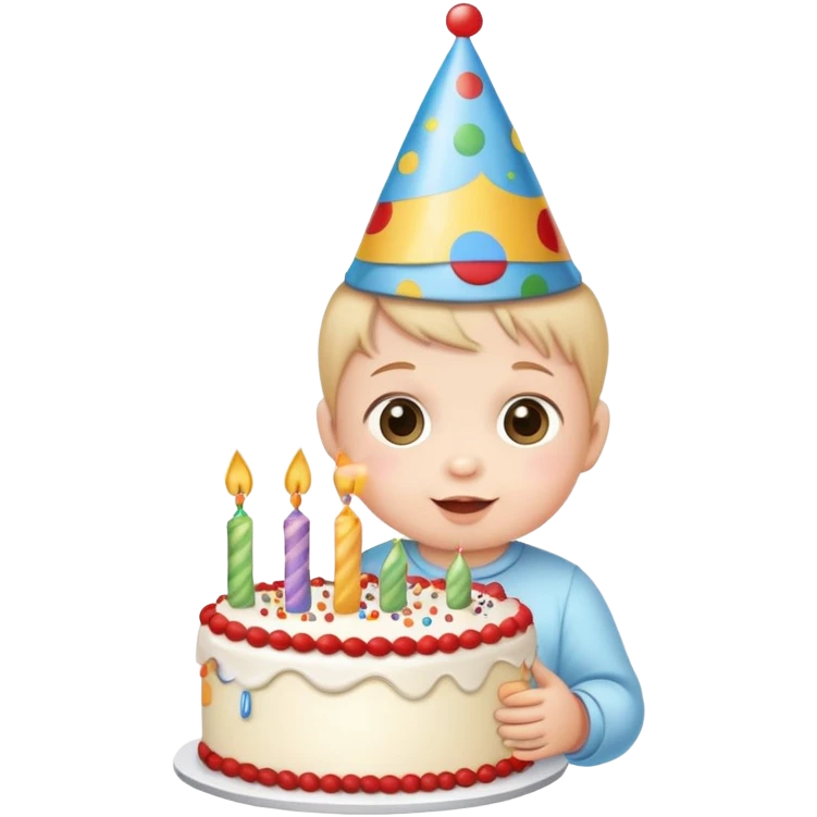 cute baby wearing birthday hat with birthday cake emoji