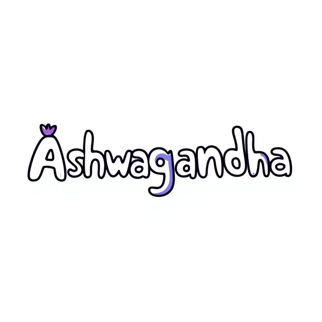 The word "Ashwagandha" hand-drawn in white text with a few purple and blue color accents. Simple doodle style with clean design. emoji