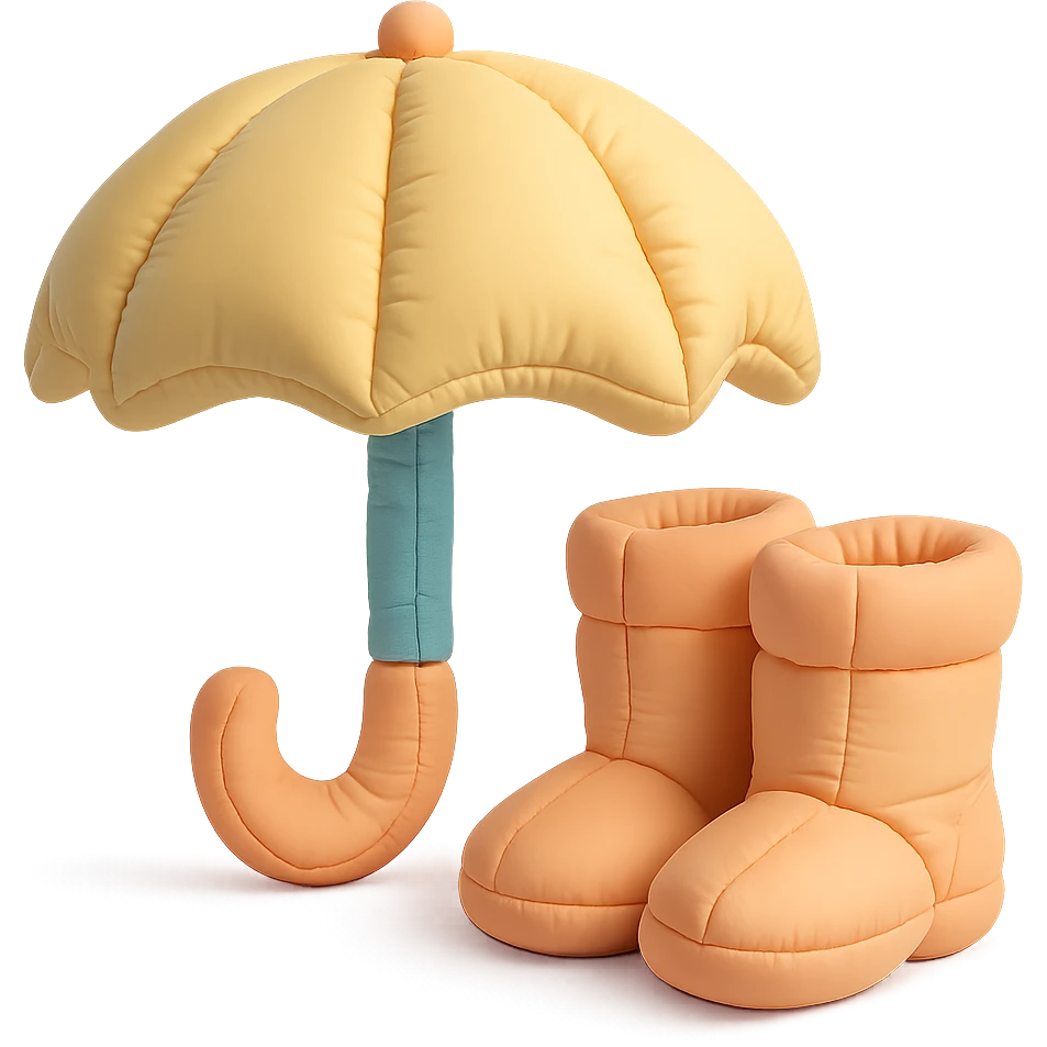 plush umbrella and rain boots, stylized and soft, playful colors, cushion style emoji