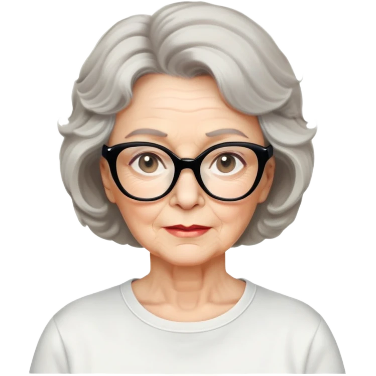 white older woman, about 65 years old, light warm skin, wide face, black wavy neck-length 80s short hair, low volume, neutral expression, large black shiny butterfly or cat-eye glasses, white casual t-shirt emoji