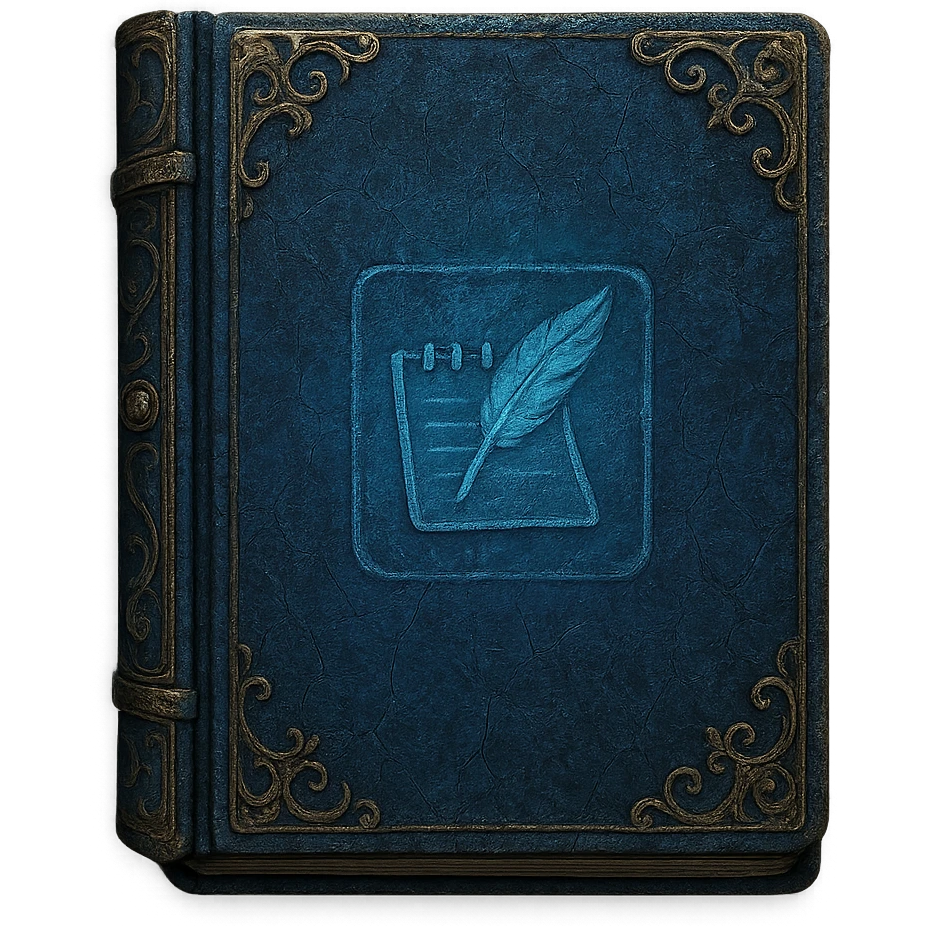 Windows 11 Notepad icon in the style of an old blue leather-bound notebook, Elden Ring note style, ornate corners, mystical blue, aged texture, no text, just the notepad look, option 4 emoji