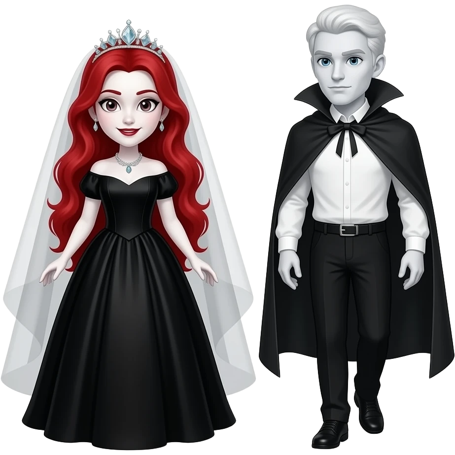 Vampiro femmina ADOLESCENTE con pelle bianca e capelli rossi indossa un vestito da sposa nera e una tiara di diamanti e si dirige verso  il suo fidanzato VAMPIRO con la pelle bianca e SENZA MANTELLO emoji