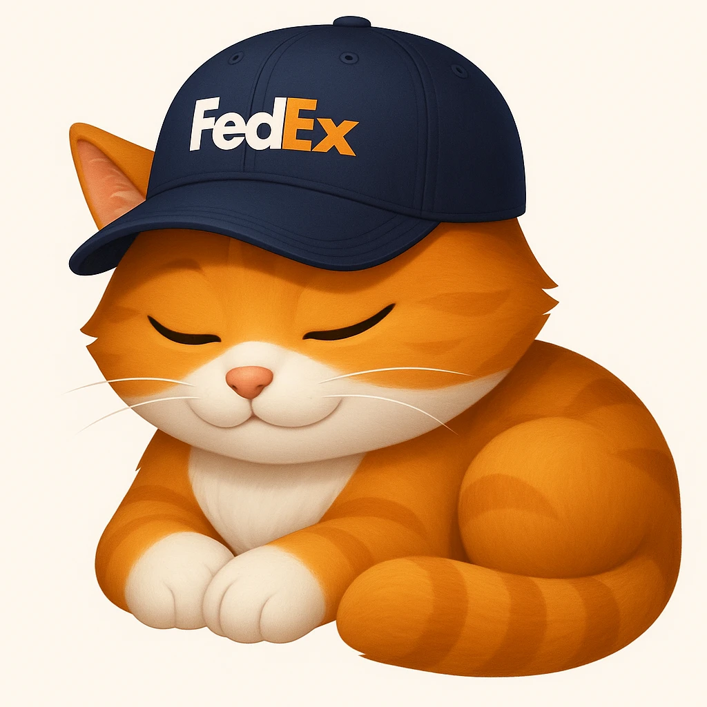 sleeping cat emoji with a FedEx uniform cap in a different pose emoji