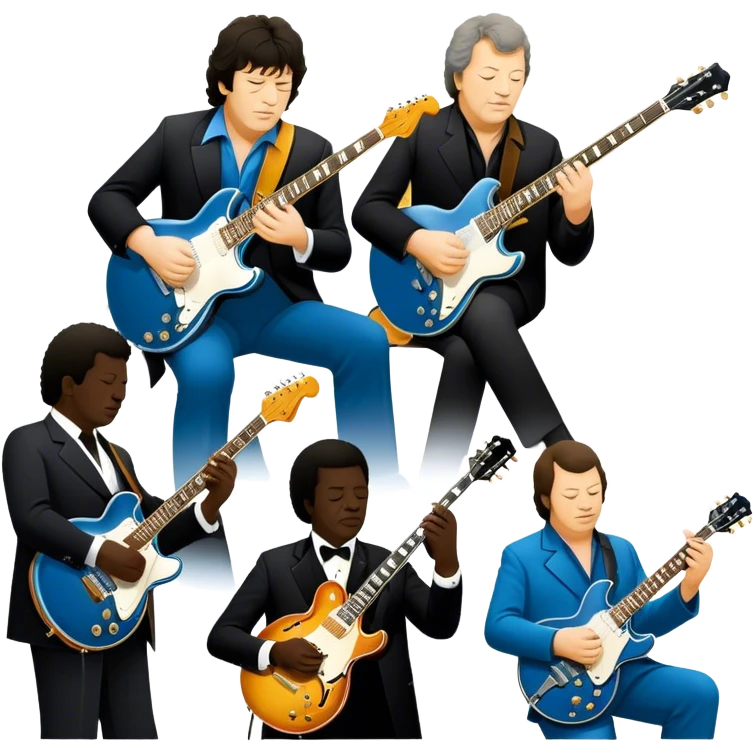 Icon for Blues Music: collage of legendary blues artists. Gary Moore, Eric Clapton, B.B. King and Joe Cocker. Represented by silhouettes or symbolic items like guitars, microphones, or music notes, reflecting the soulful energy of blues music. Transparent background. emoji