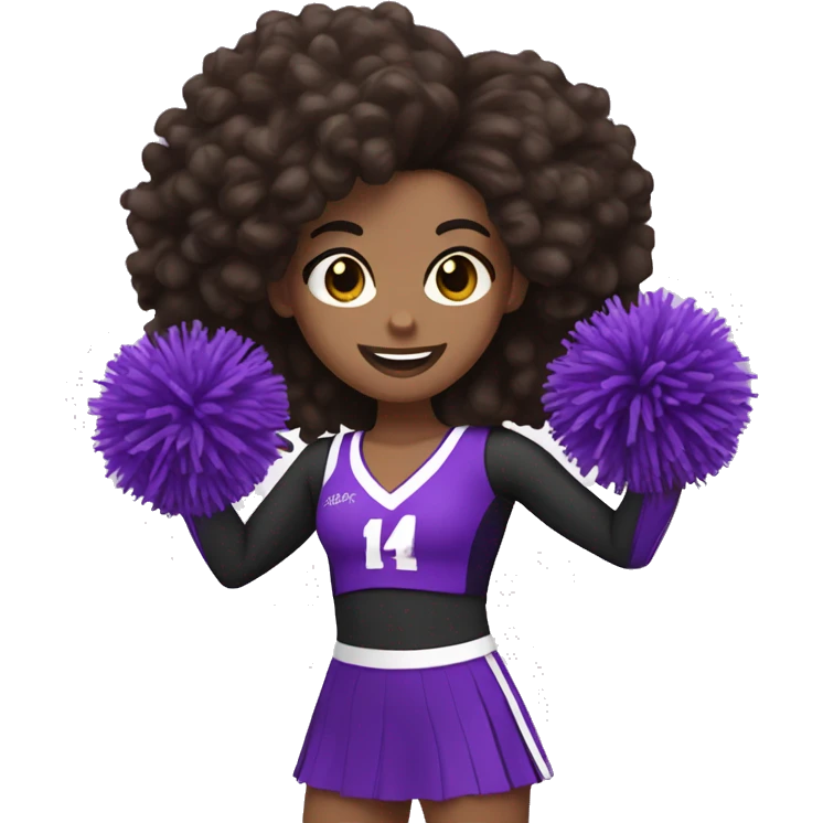 cheerleader with dark brown curly hair, white skin, holding up two purple Pom poms emoji