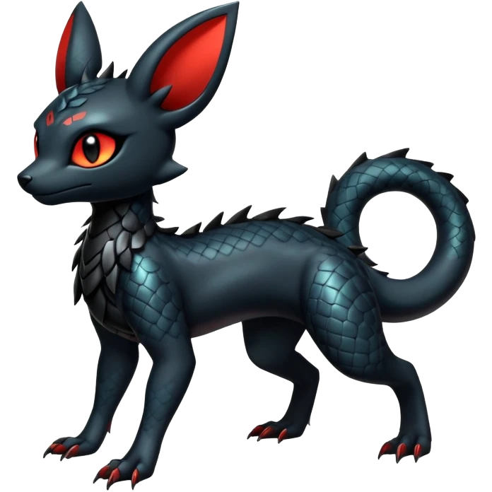 Shiny Dark Cute Majestic Sophisticated Modern Gothic Gloomy Futuristic Scaly Cyber-Salandit-Umbreon-Litten-Hybrid (Full body) emoji