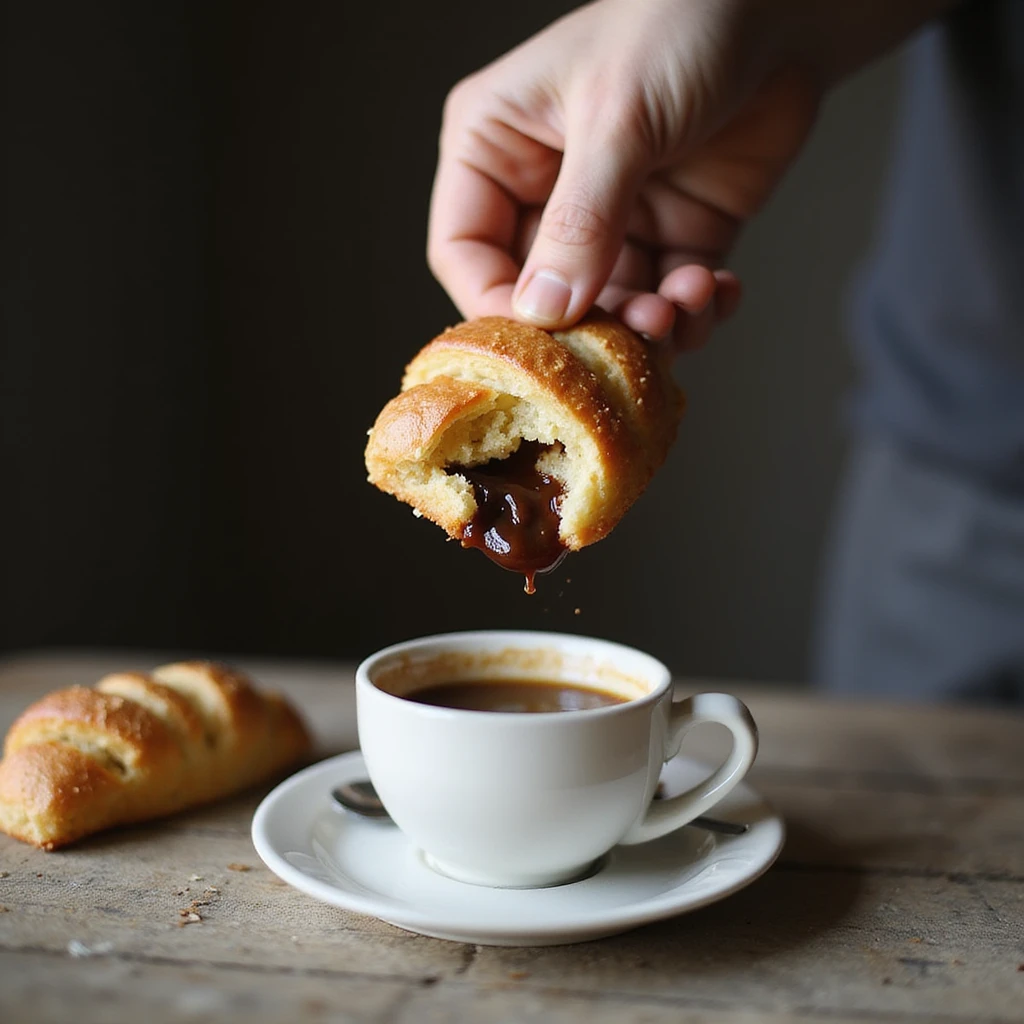 Primo piano di una mano maschile che afferra un cornetto confezionato e un caffè zuccherato per colazione, sfondo cucina, testo in italiano: 'Colazione veloce, sempre la stessa'. emoji