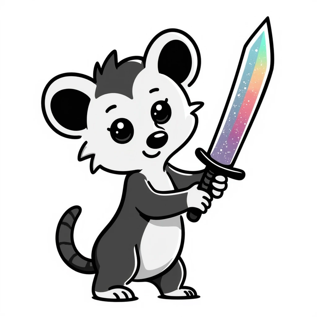Cute possum with big eyes holding a glittery sword, rainbow colors emoji