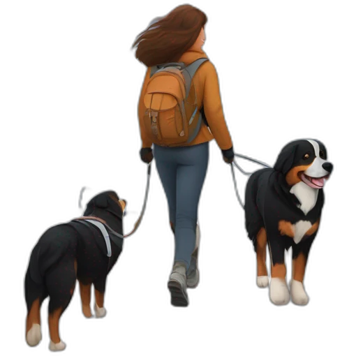 bernese mountain dog hiking with a woman with brown hairr in snow near a fjord emoji